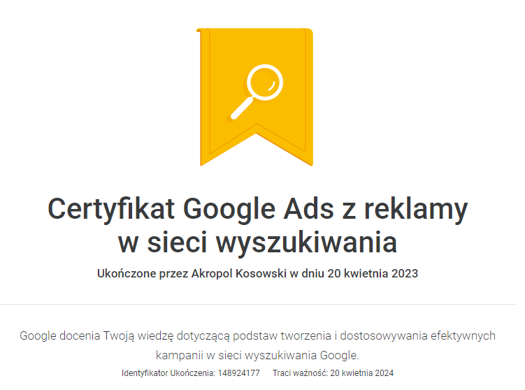 certyfikat google